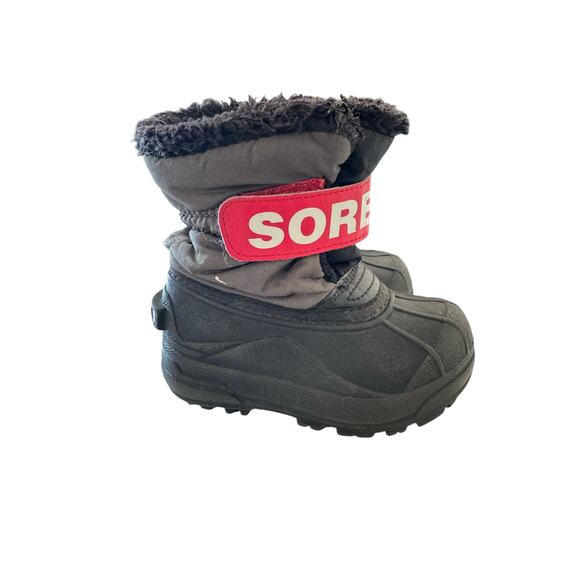 Sorel Snow Commander Boots Kids Size 8 Black Gray Red Winter Waterproof Faux Fur - Picture 1 of 8